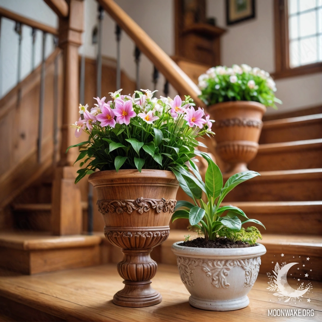 A romantic wooden staircase adorned with flowerpots filled with colorful flowers.