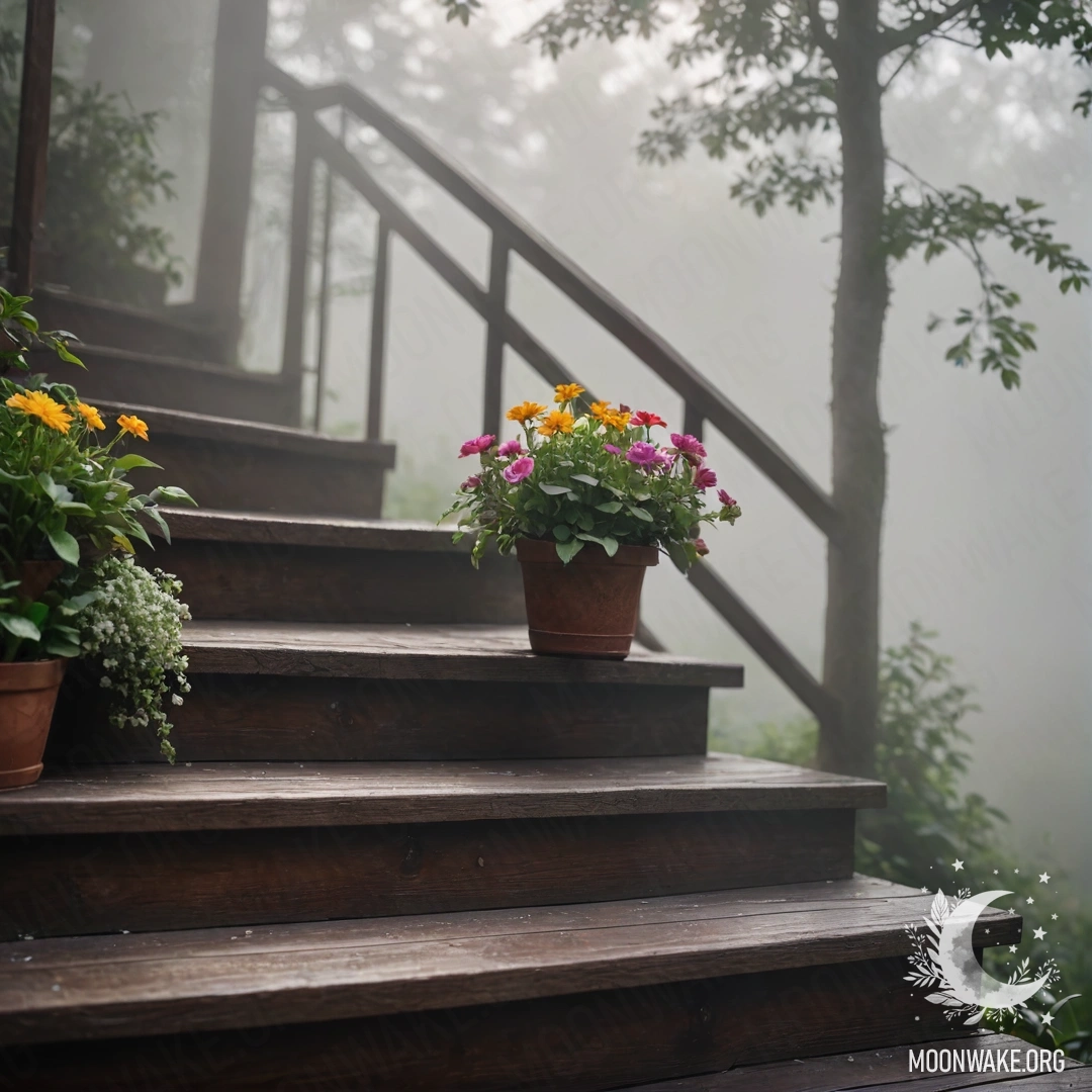 Romantic Wooden Staircase in Fog A wooden staircase adorned with flowerpots, shrouded in heavy fog.