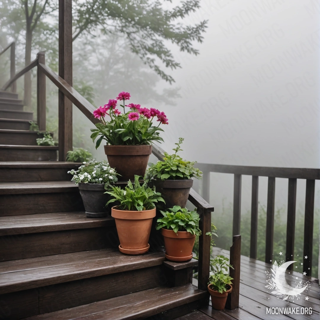 Romantic Wooden Staircase in Fog A serene scene of flowerpots on a wooden staircase enveloped in dense fog.