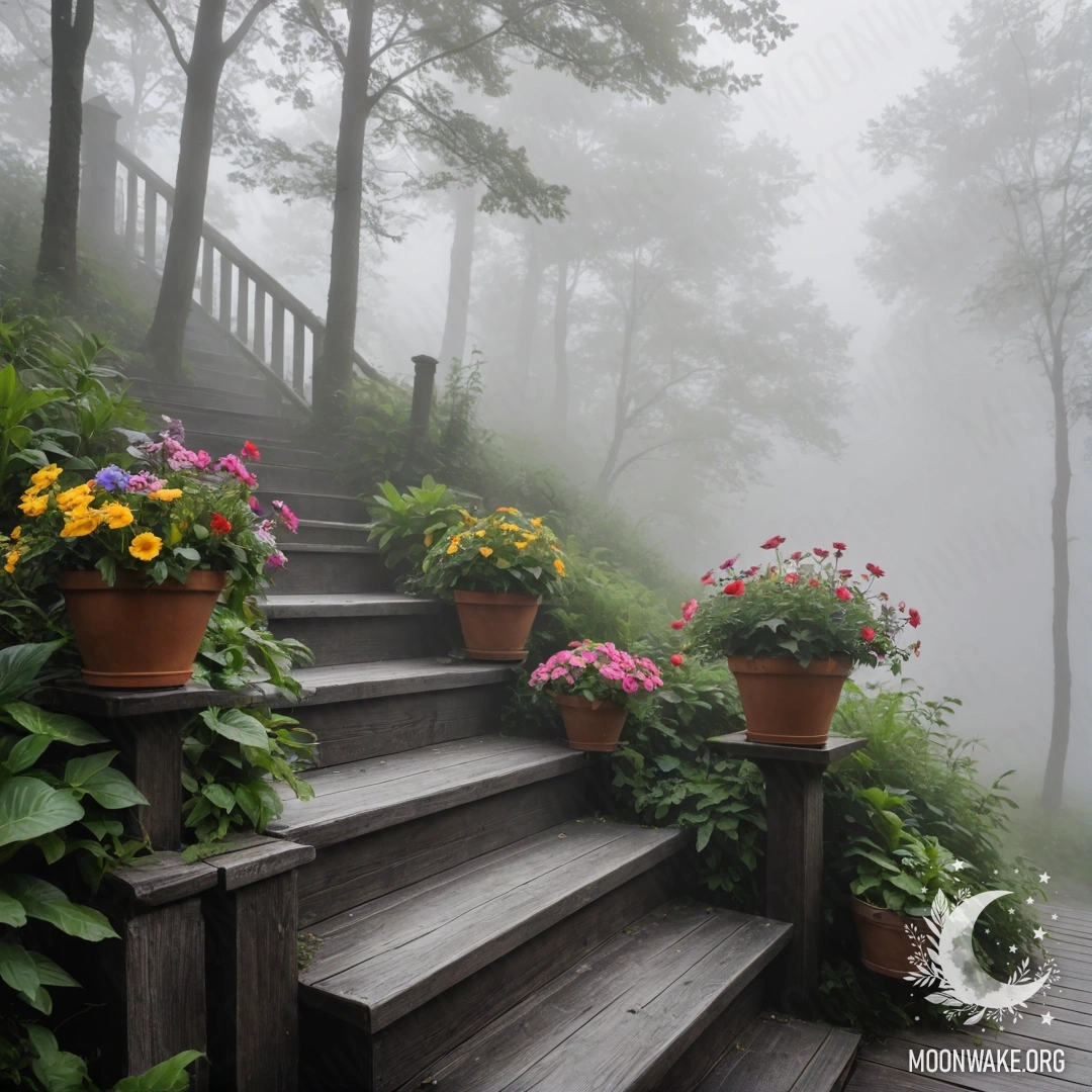 A wooden staircase surrounded by flowerpots in heavy fog.