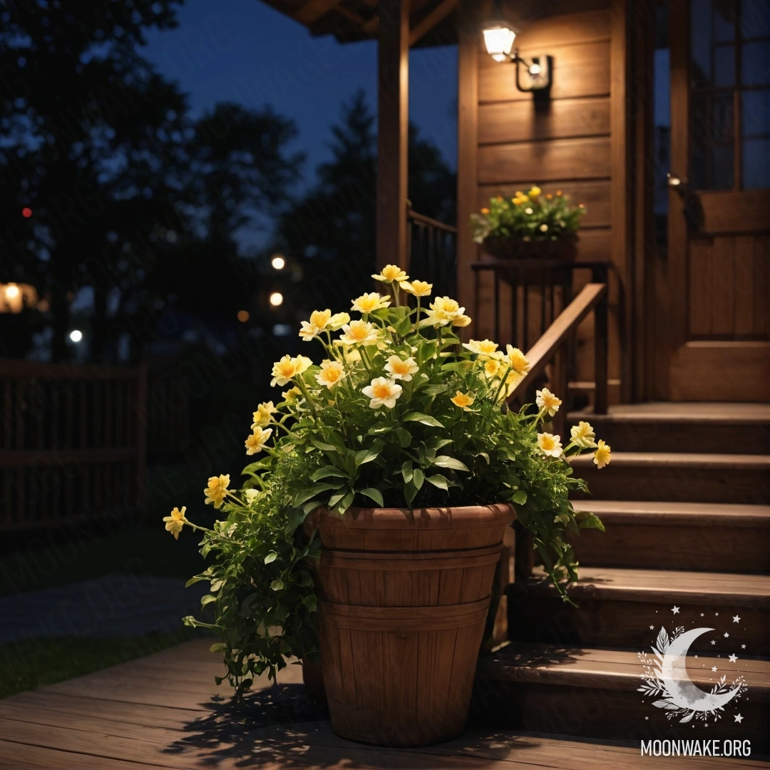 A wooden staircase adorned with flowerpots under a night sky.