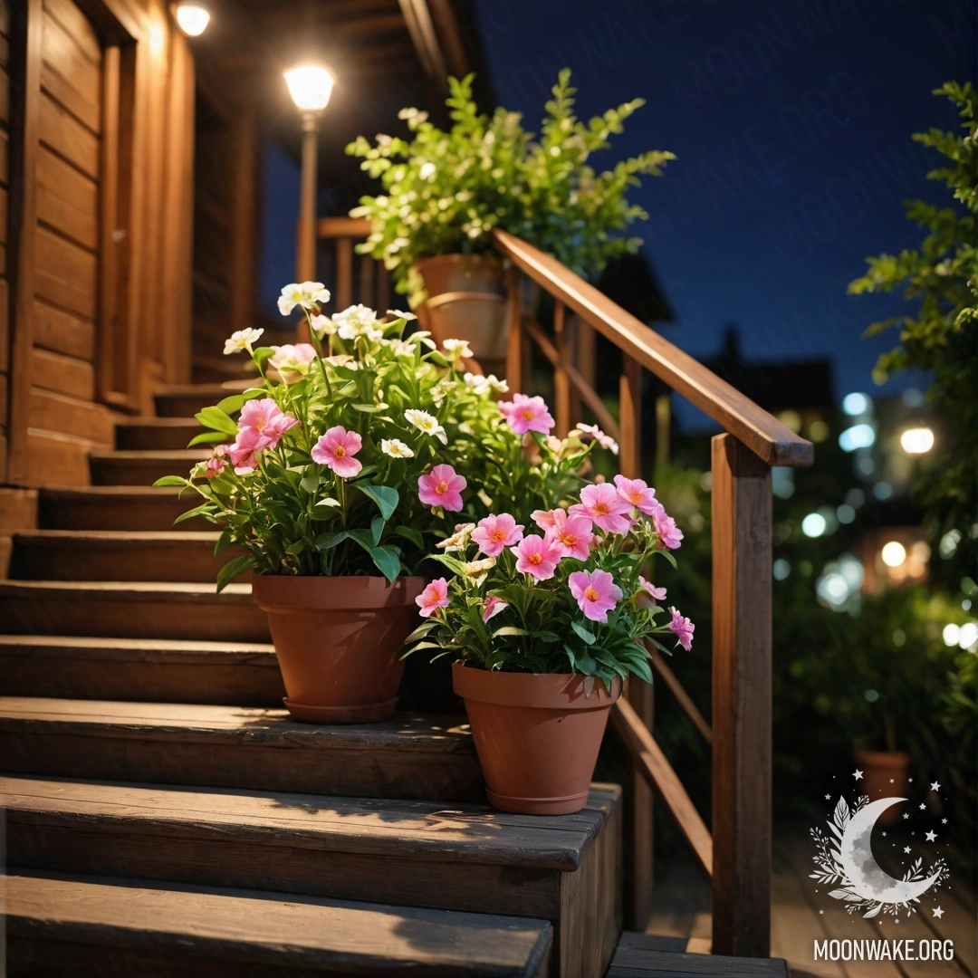Romantic Night on Wooden Staircase A wooden staircase adorned with flowerpots at night.