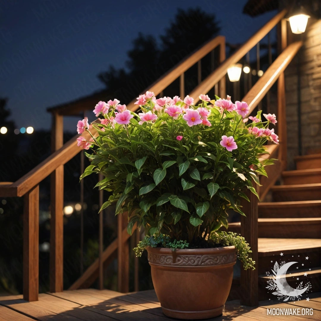 Photorealistic image of a wooden staircase adorned with flowerpots at night.