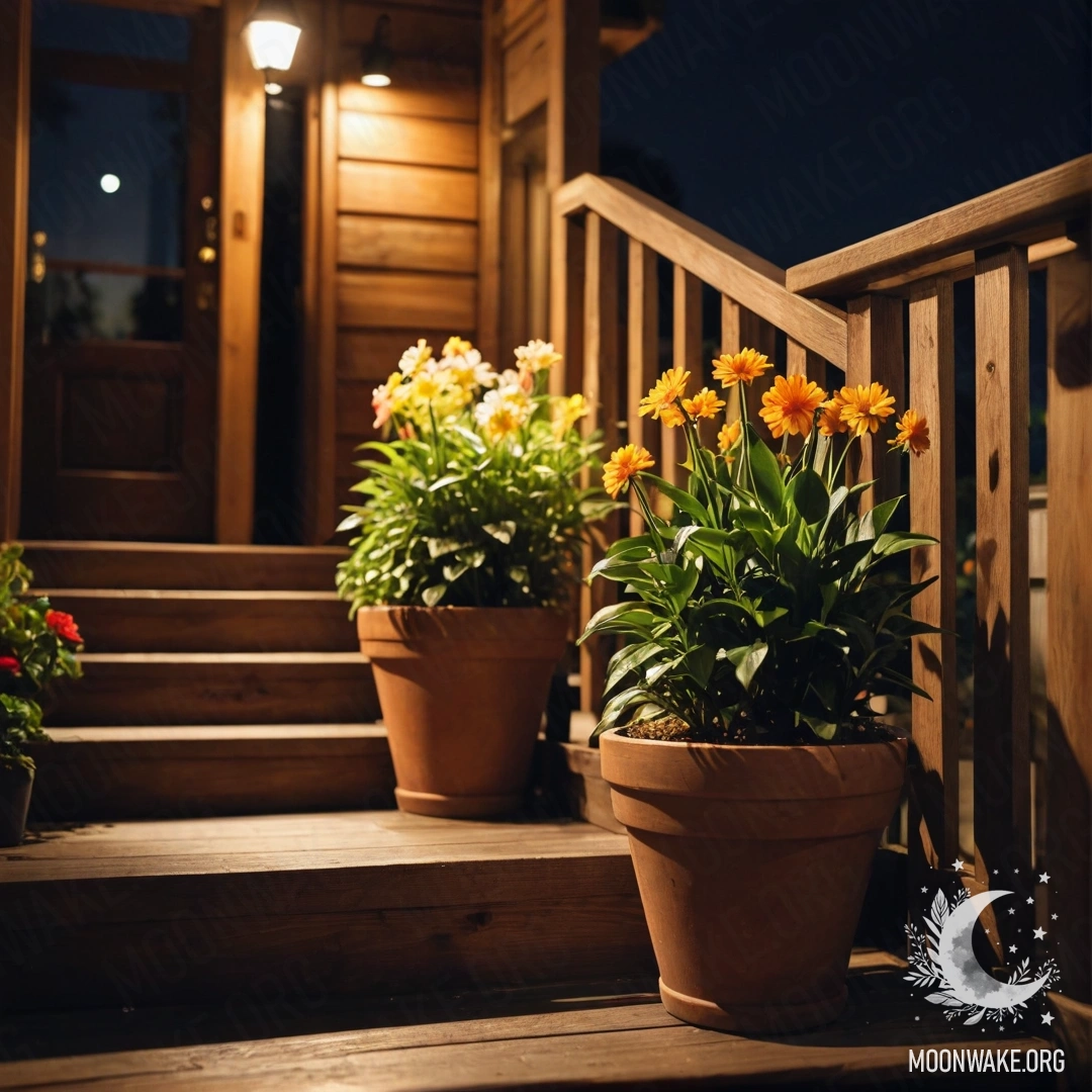 Romantic Wooden Staircase at Night A wooden staircase adorned with flowerpots in a nighttime setting.
