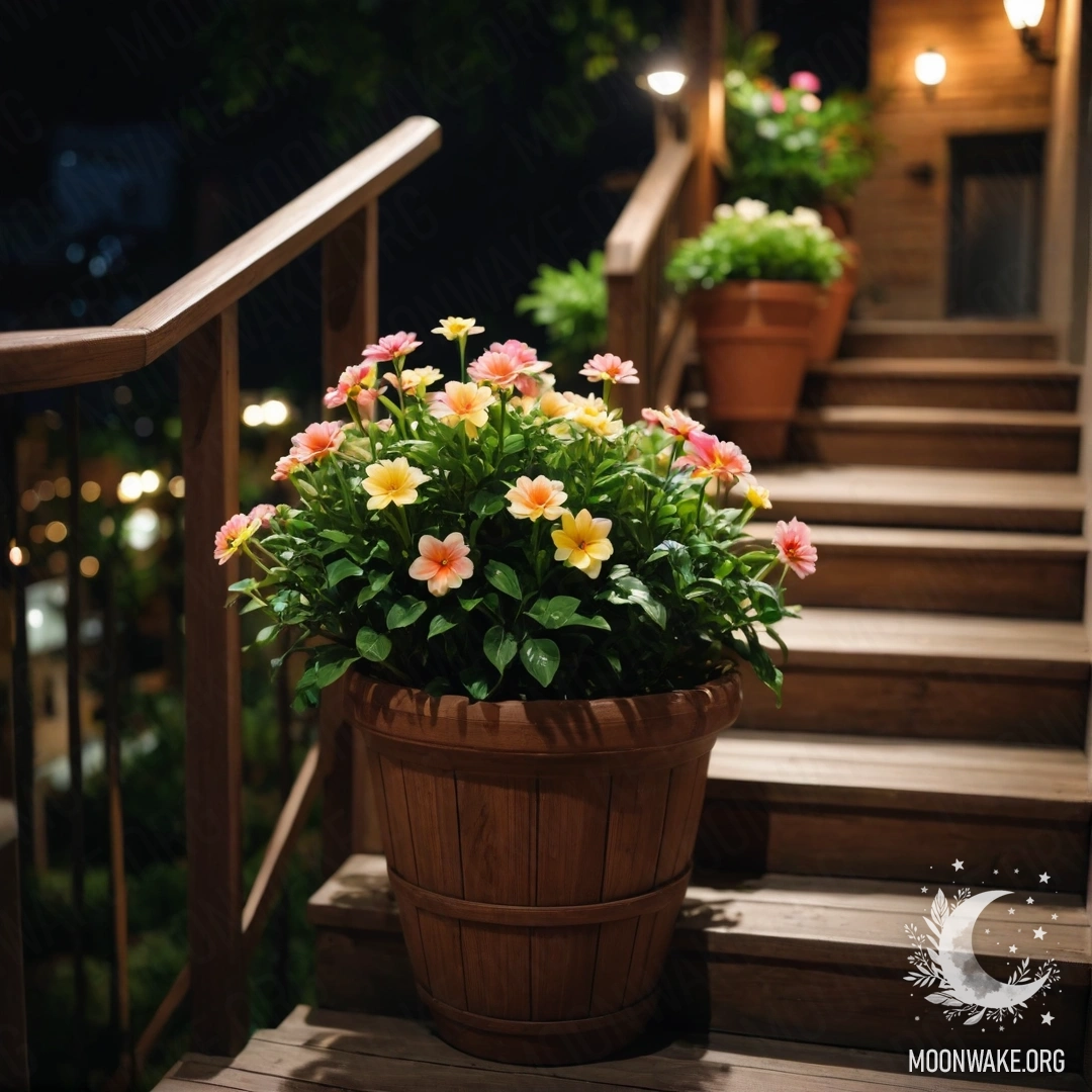 A wooden staircase adorned with flowerpots under the night sky.