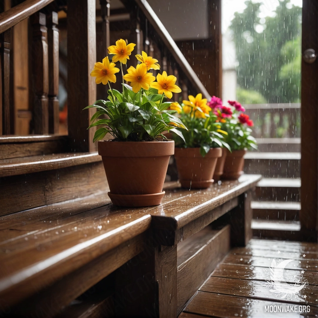 A photorealistic depiction of flowerpots on a wooden staircase under rain.