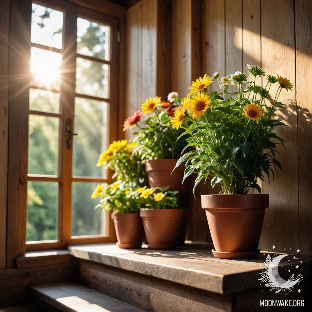 Romantic Wooden Staircase with Flowerpots A romantic wooden staircase adorned with flowerpots bathed in sunlight.