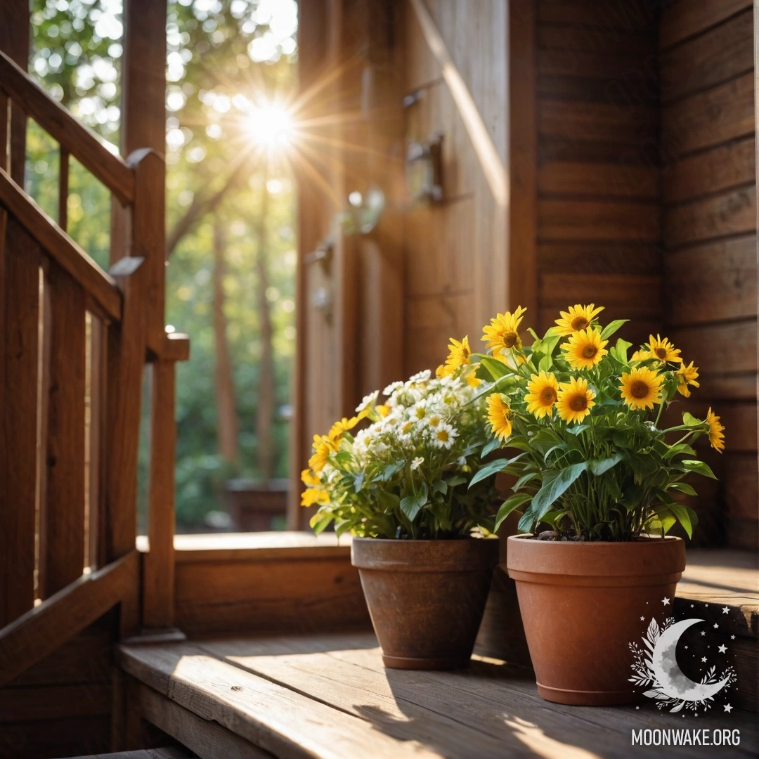 A wooden staircase adorned with flowerpots basking in sunlight.