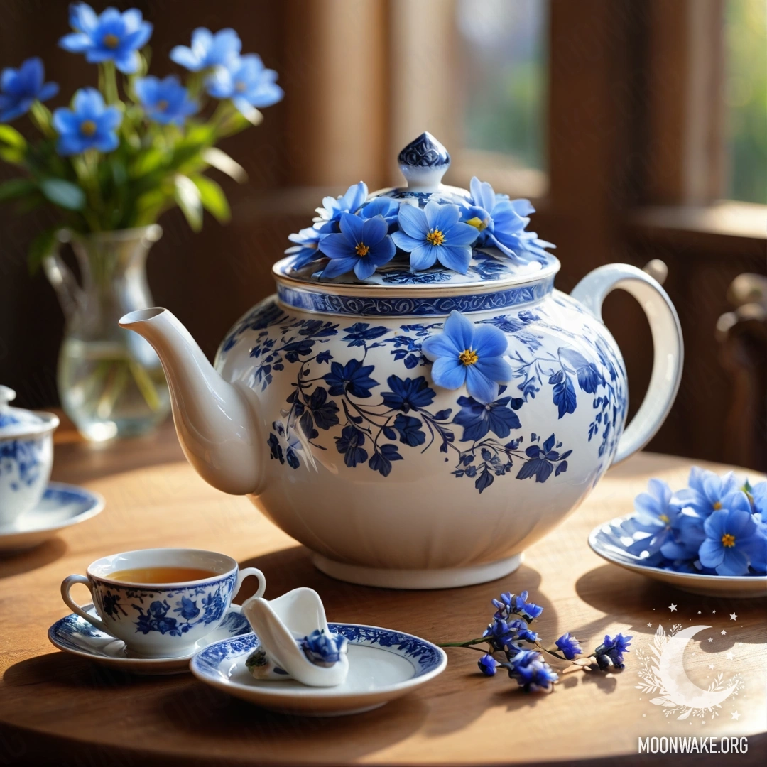 Romantic Wooden Table with Blue Flowers A round wooden table adorned with a porcelain teapot filled with blue flowers, illuminated by soft sunlight.