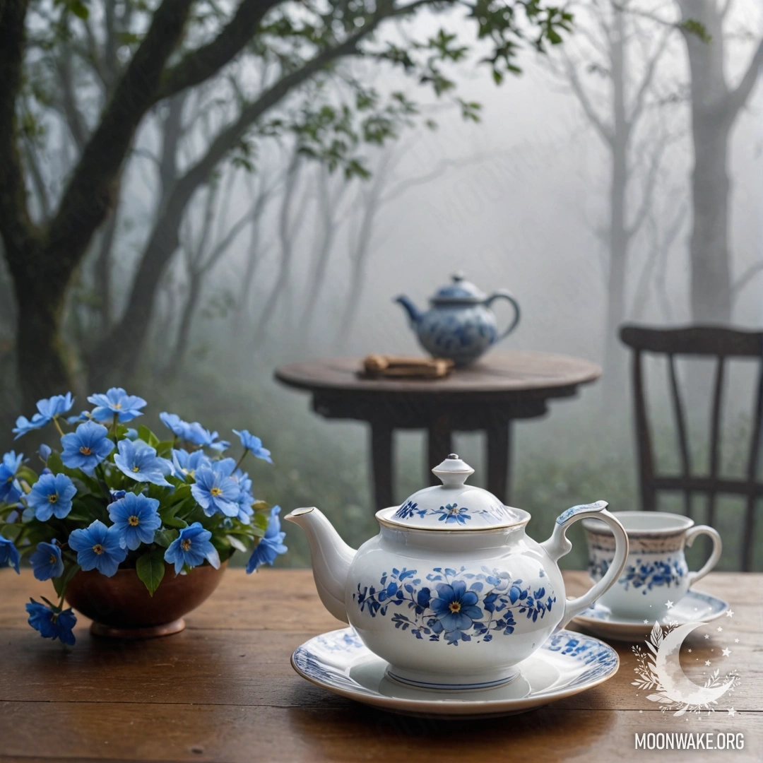 A round wooden table with a porcelain teapot and blue flowers inside, shrouded in dense fog.