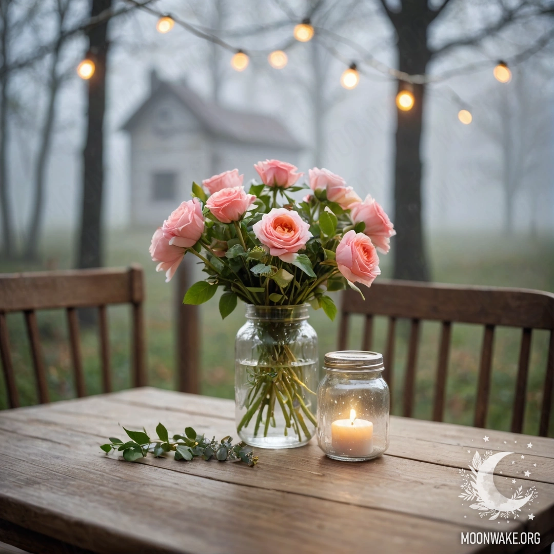 A shabby wooden table with a jar of flowers and a bokeh background.