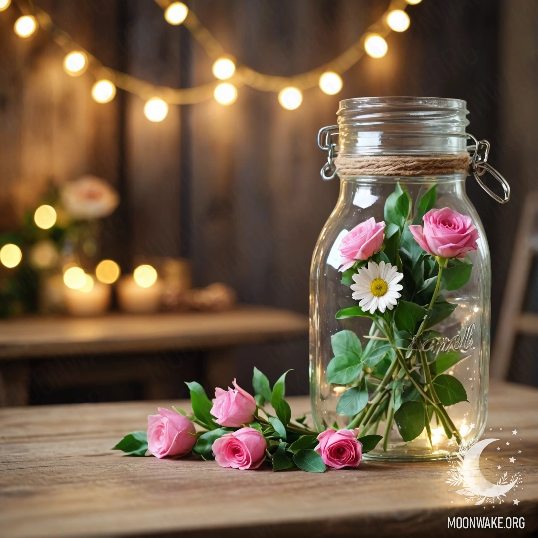 A shabby wooden table adorned with a jar of flowers and a bokeh of lights.