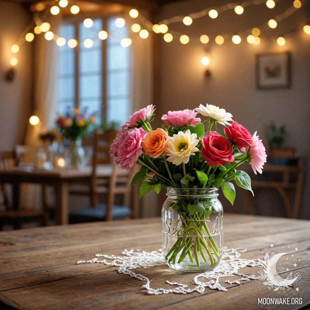 A weathered wooden table with a jar of flowers and a soft bokeh background.