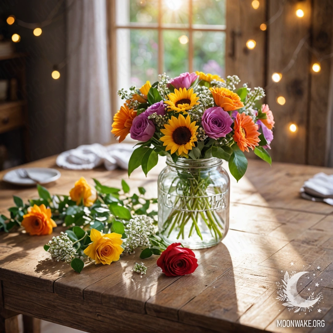 A shabby wooden table adorned with a jar of flowers.