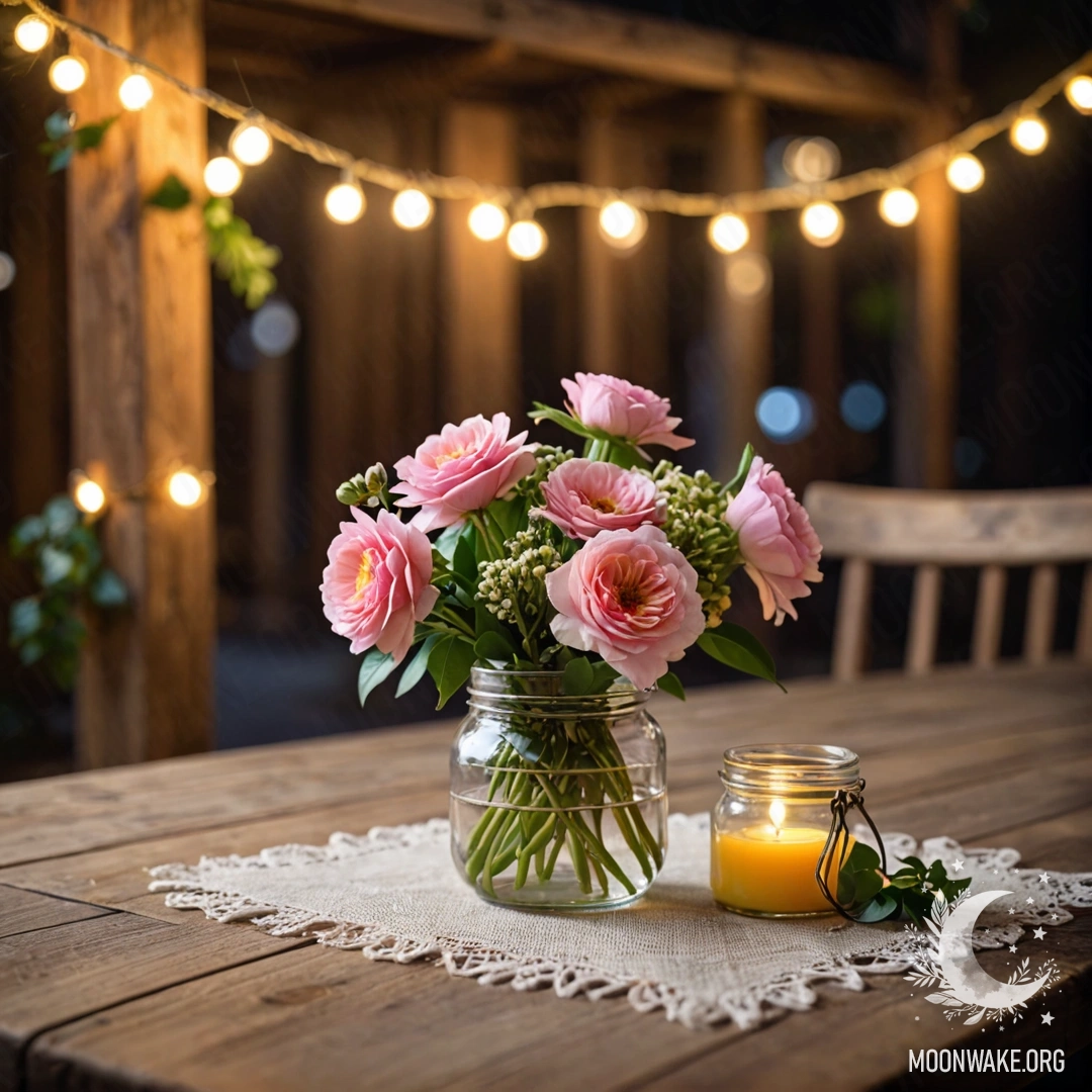 A photorealistic image of a shabby wooden table with a jar of flowers and a light garland in the background, creating a bokeh effect at night.