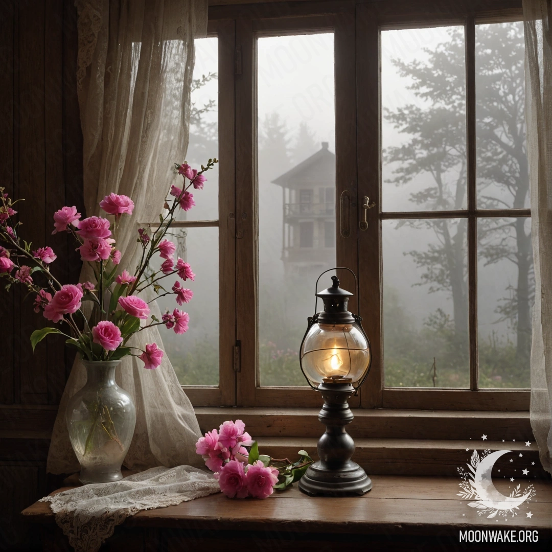 A shabby wooden table with a jar of flowers in the foreground, background bokeh with light garlands in the rain.
