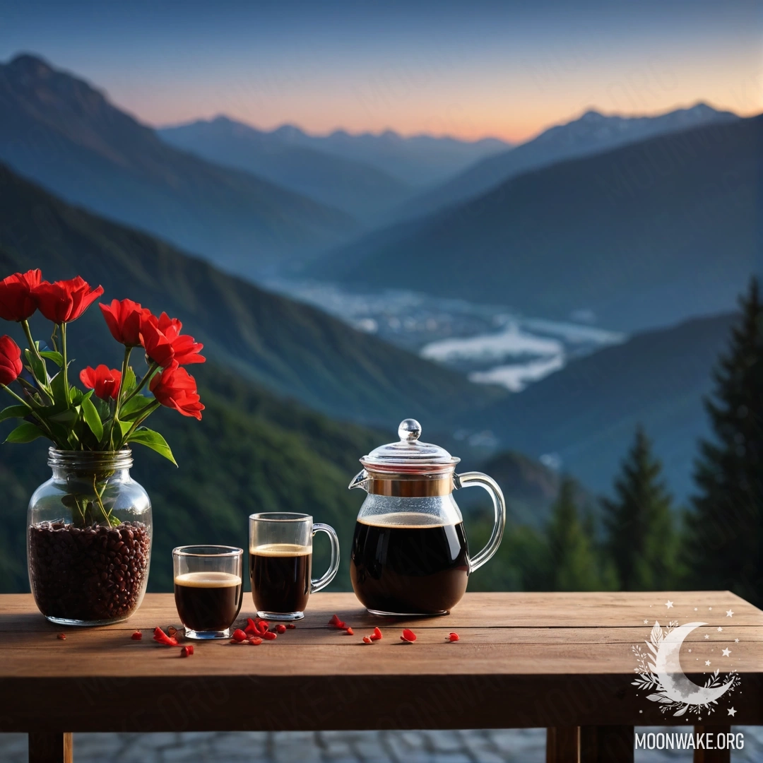 Romantic Atmosphere with Flowers and Coffee A wooden table with red flowers, a coffee pot, and cups against mountains at night.