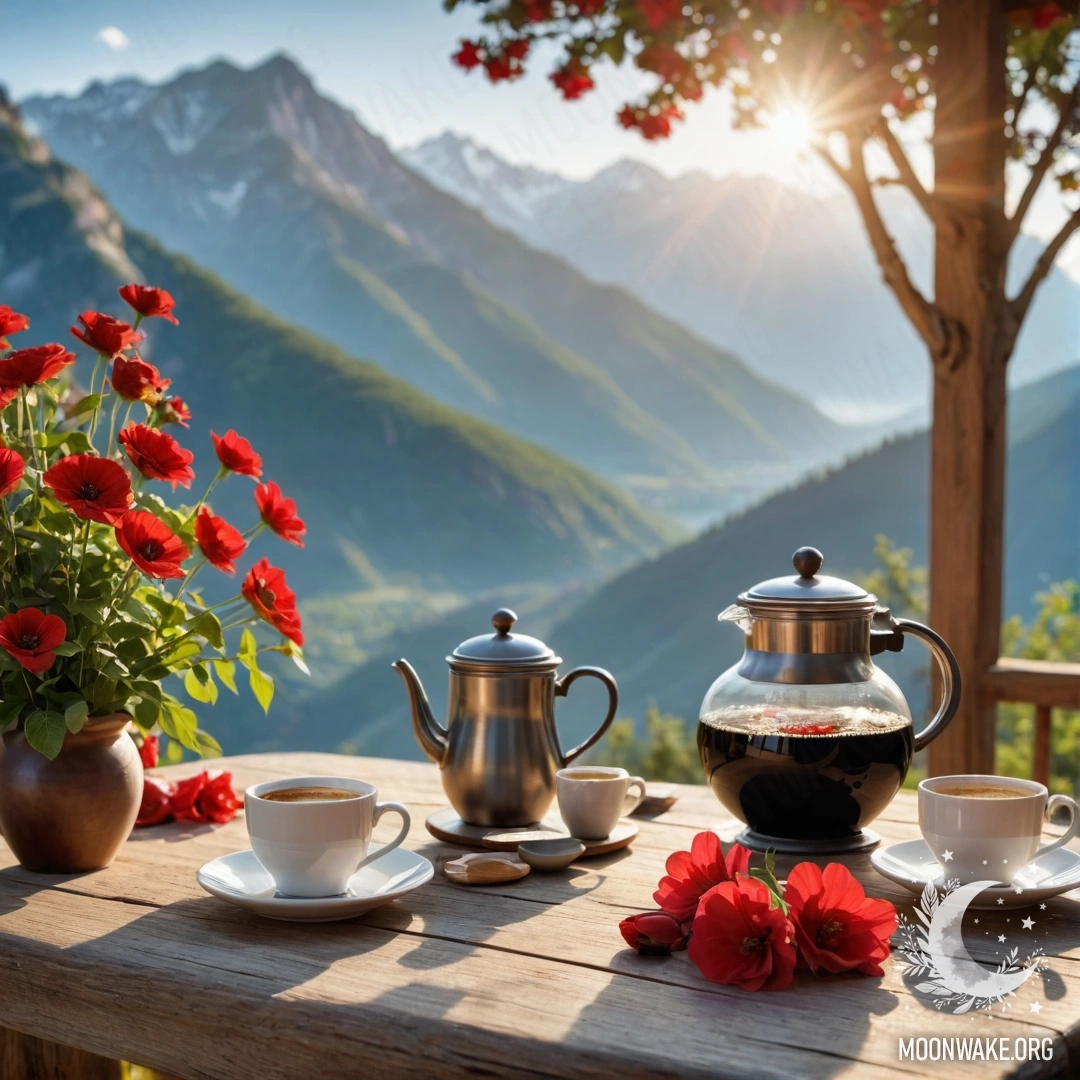 Romantic Wooden Table with Flowers and Coffee A rustic wooden table adorned with a jar of red flowers and a coffee pot, under the warm sun rays, set against a mountain backdrop.