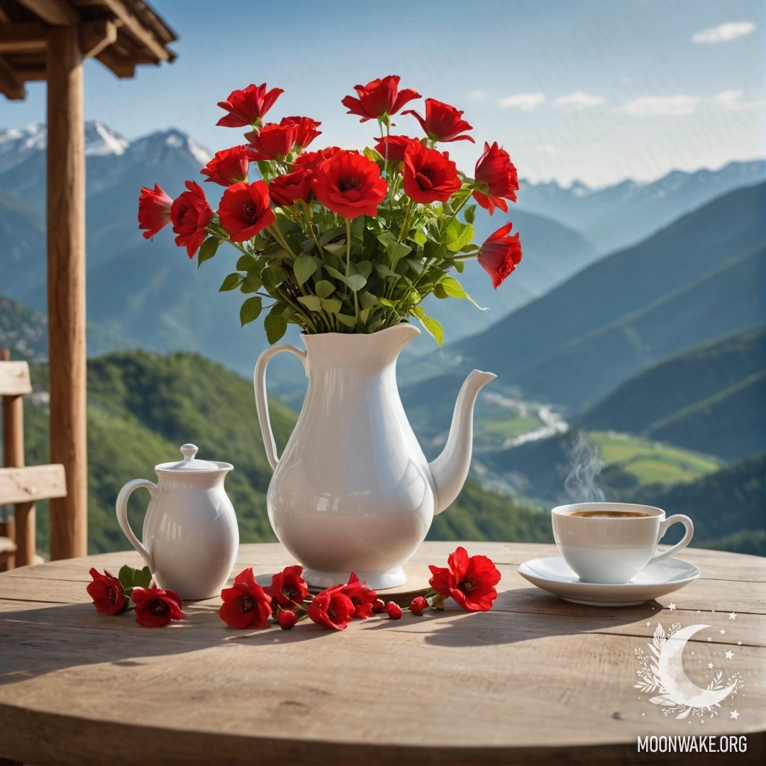 A wooden table set against majestic mountains, adorned with a jar of red flowers, a coffee pot, cups, and glowing garland lights.