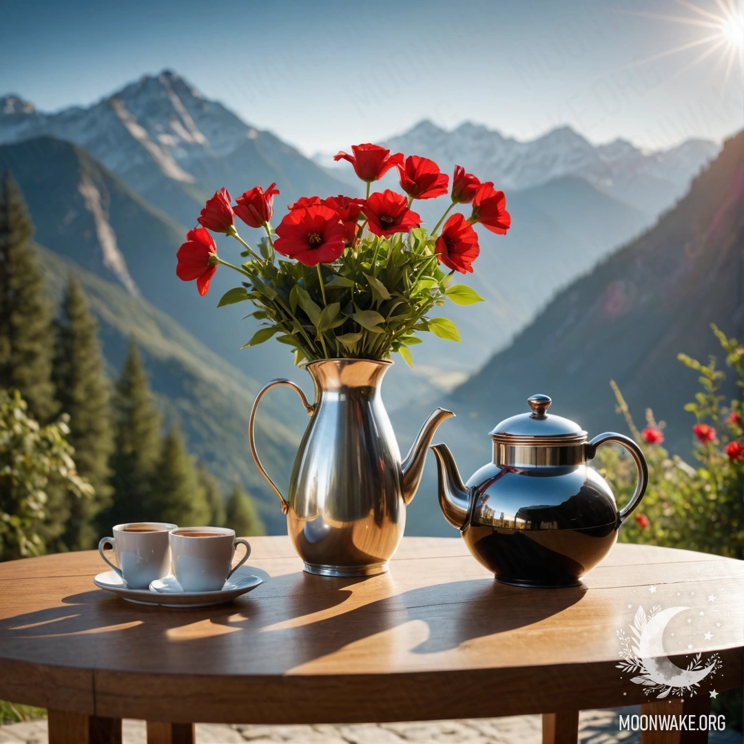 A wooden table with red flowers, a coffee pot, and cups under sunlight, set against a mountainous backdrop.