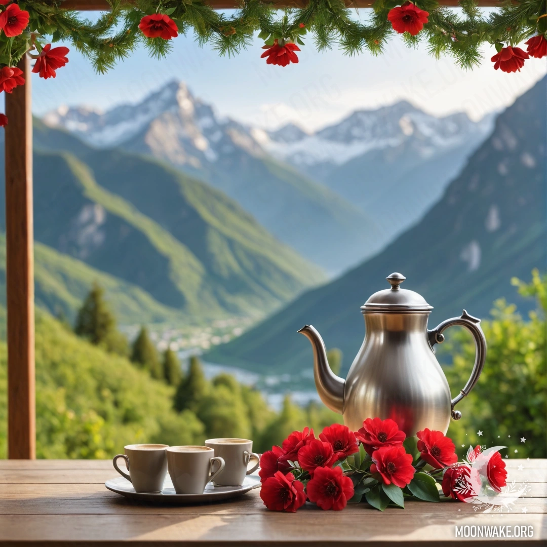 Romantic Mountain Table Setting A wooden table with red flowers and coffee pot against mountains.