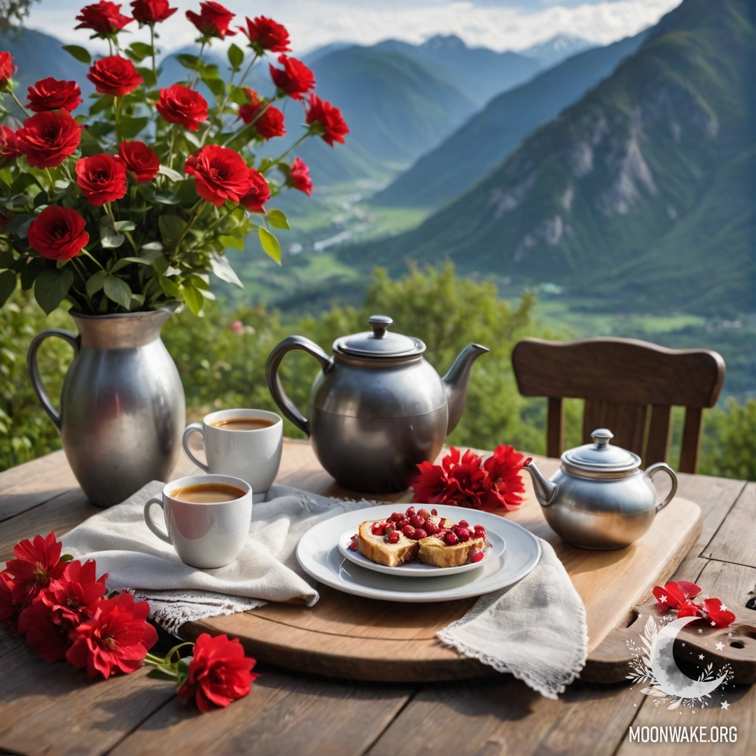 Romantic Mountain Table Setting A wooden table set with a jar of red flowers, a coffee pot and cups, with a backdrop of mountains.