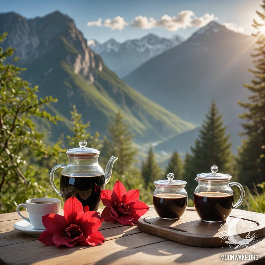 A wooden table set against mountain backdrop with flowers and coffee pot.