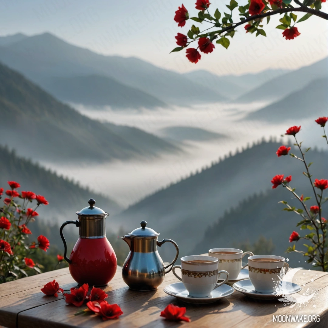 A wooden table set against misty mountains, adorned with red flowers and a coffee pot with cups.