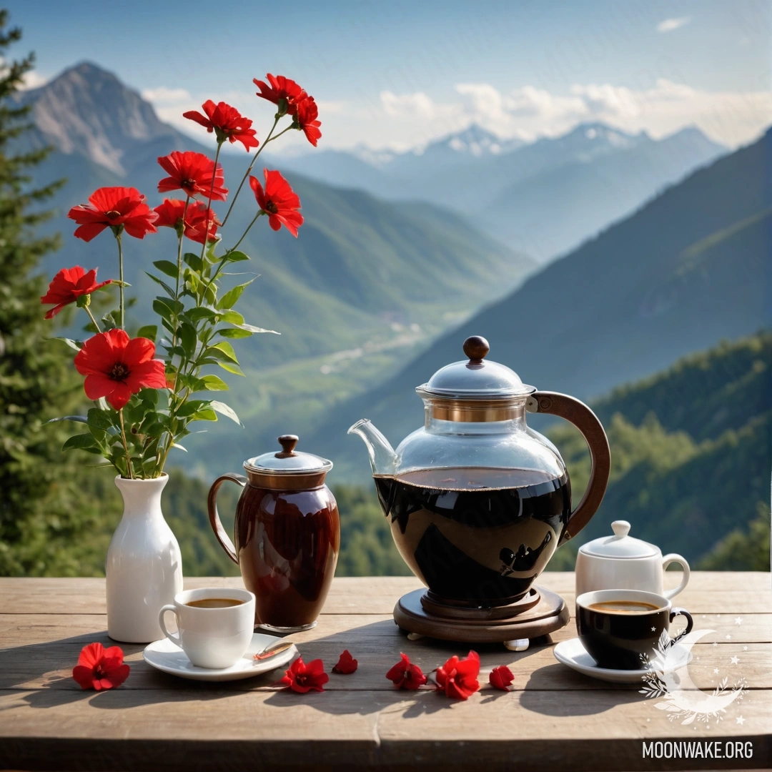A rustic wooden table with red flowers, a coffee pot and cups against mountains.