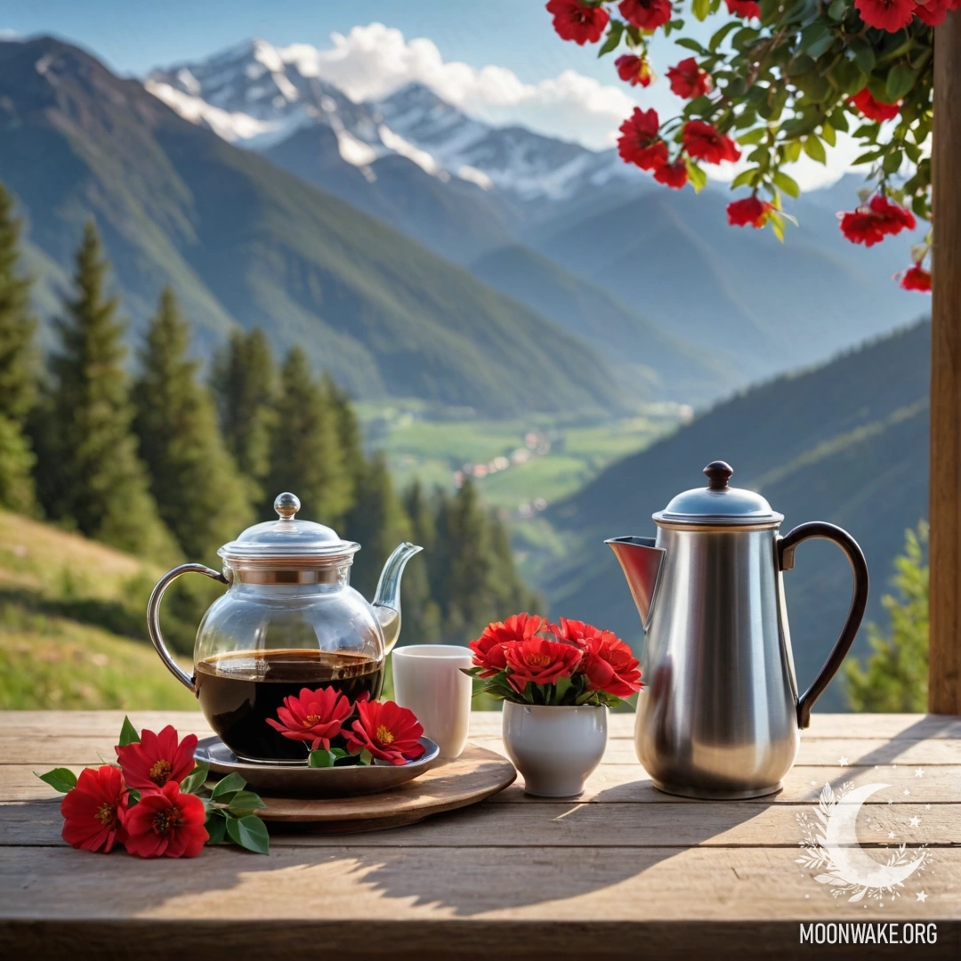 A romantic wooden table set against a mountainous backdrop, adorned with a jar of red flowers and a coffee pot with cups, glowing with garland lights.