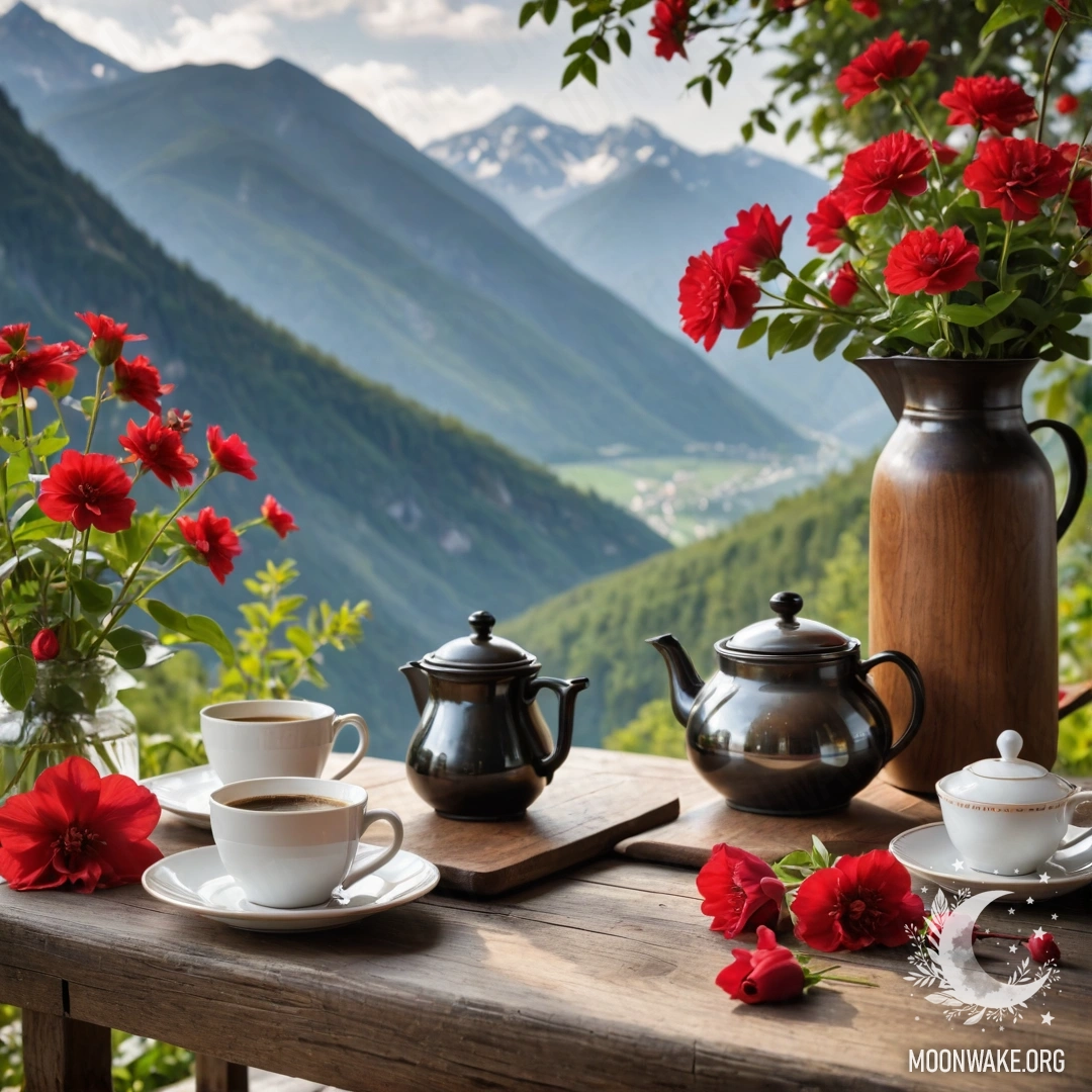 Romantic Mountain Table with Flowers A wooden table set against mountains, featuring a jar of red flowers, a coffee pot, and cups.
