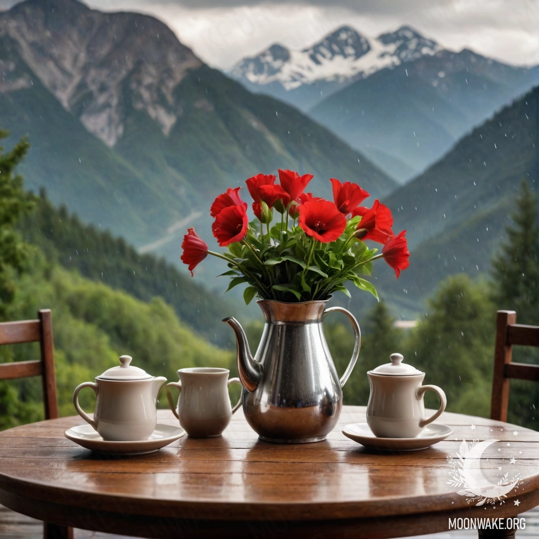 A wooden table set against mountains, featuring a jar with red flowers, a coffee pot, and cups, all under the rain.