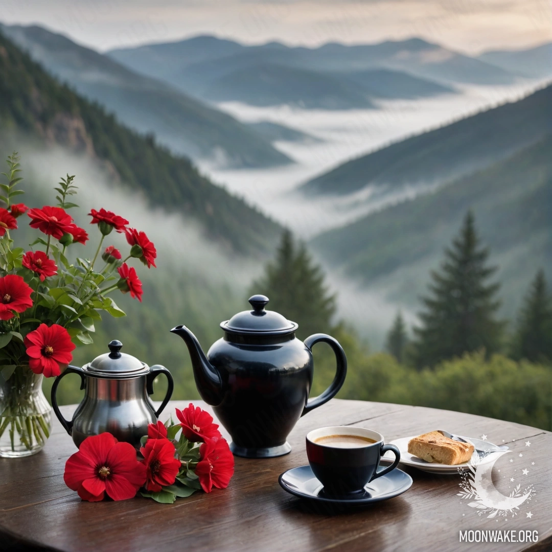 A wooden table with red flowers, a coffee pot and cups, shrouded in heavy fog with mountains in the background.
