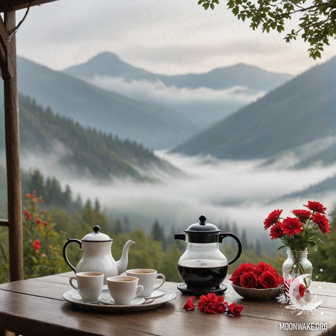 Romantic Wooden Table Amidst Misty Mountains A wooden table set with a jar of red flowers, coffee pot, and cups against a misty mountain backdrop.