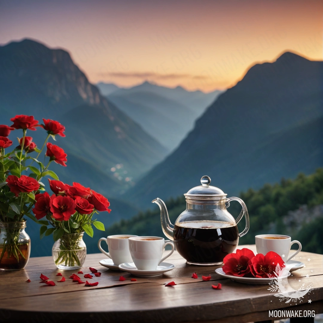 A wooden table set against majestic mountains at night, featuring a jar of red flowers, a coffee pot, and cups.
