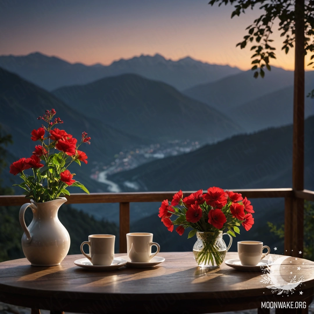 A wooden table adorned with red flowers, a coffee pot, and cups, set against mountains under the night sky.