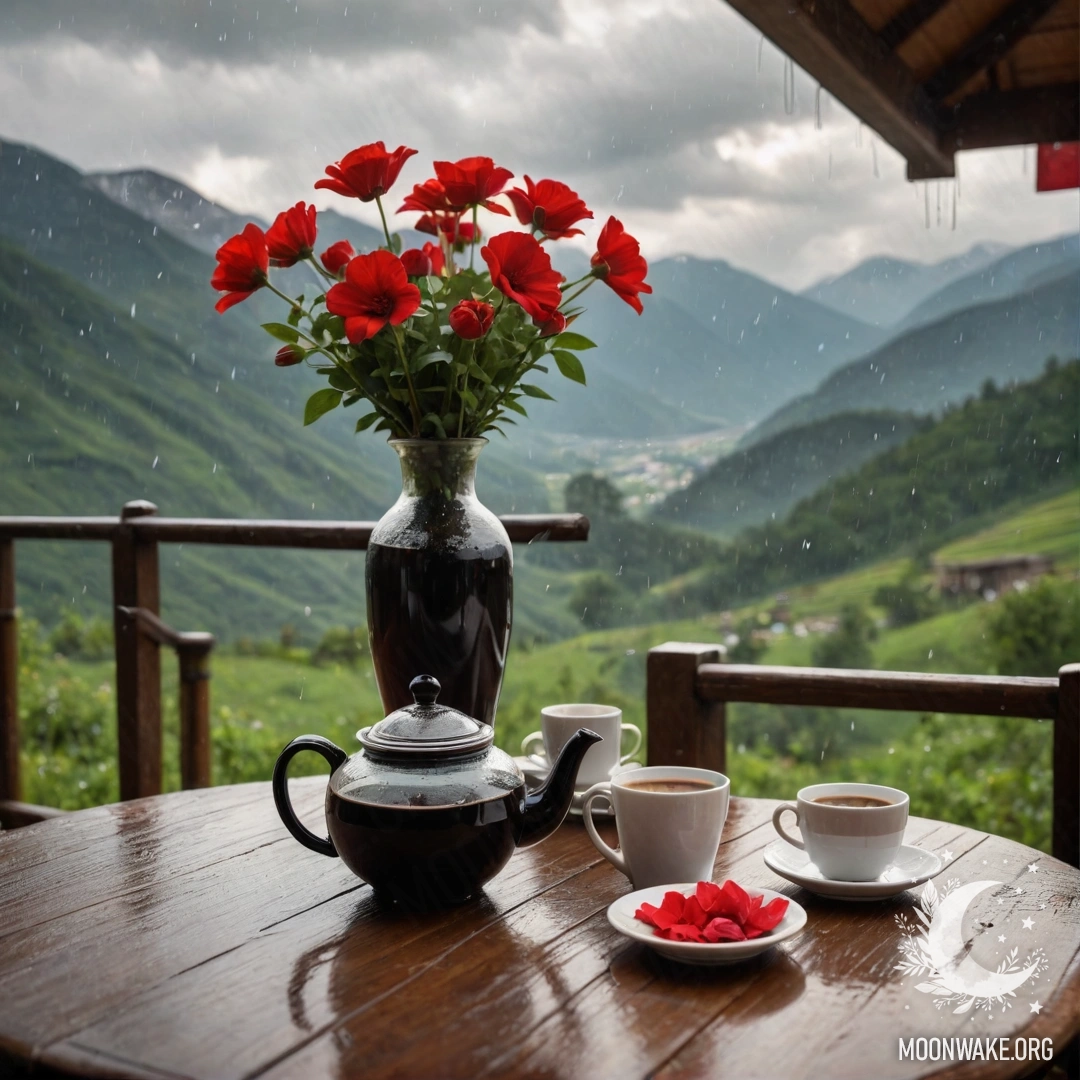 A wooden table set with a jar of red flowers, coffee pot, and cups in a rainy mountain setting.