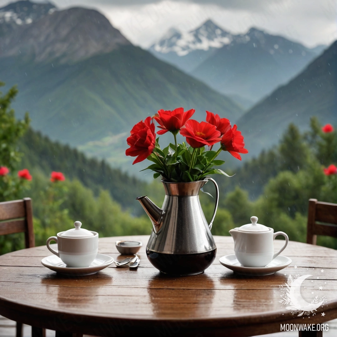 A wooden table with a jar of red flowers, a coffee pot, and cups on a rainy day with mountains in the background.