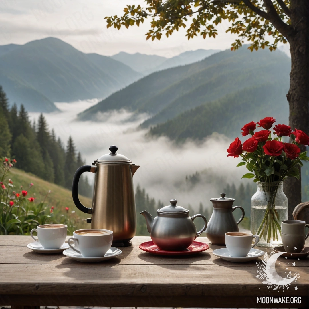 Romantic Mountain Table with Flowers A romantic wooden table in front of mountains, adorned with a jar of red flowers and a coffee pot with cups, shrouded in dense mist.