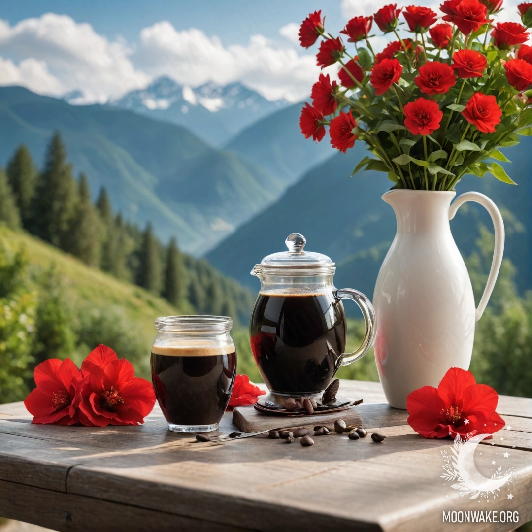 A photorealistic depiction of a wooden table with red flowers, a coffee pot, and cups against a mountain backdrop.