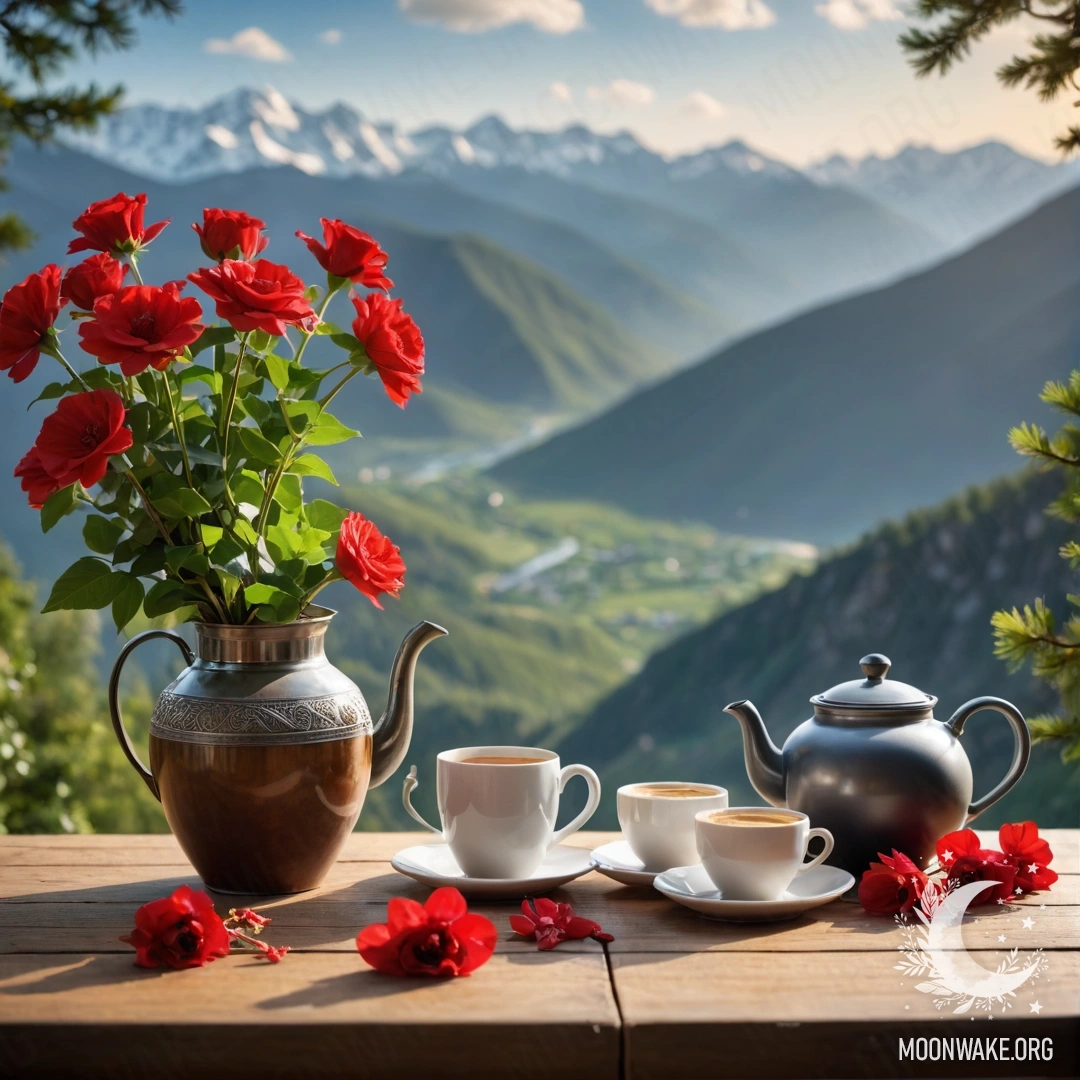 Romantic Table Scene with Red Flowers A wooden table adorned with a jar of red flowers, a coffee pot, and cups, surrounded by mountains.