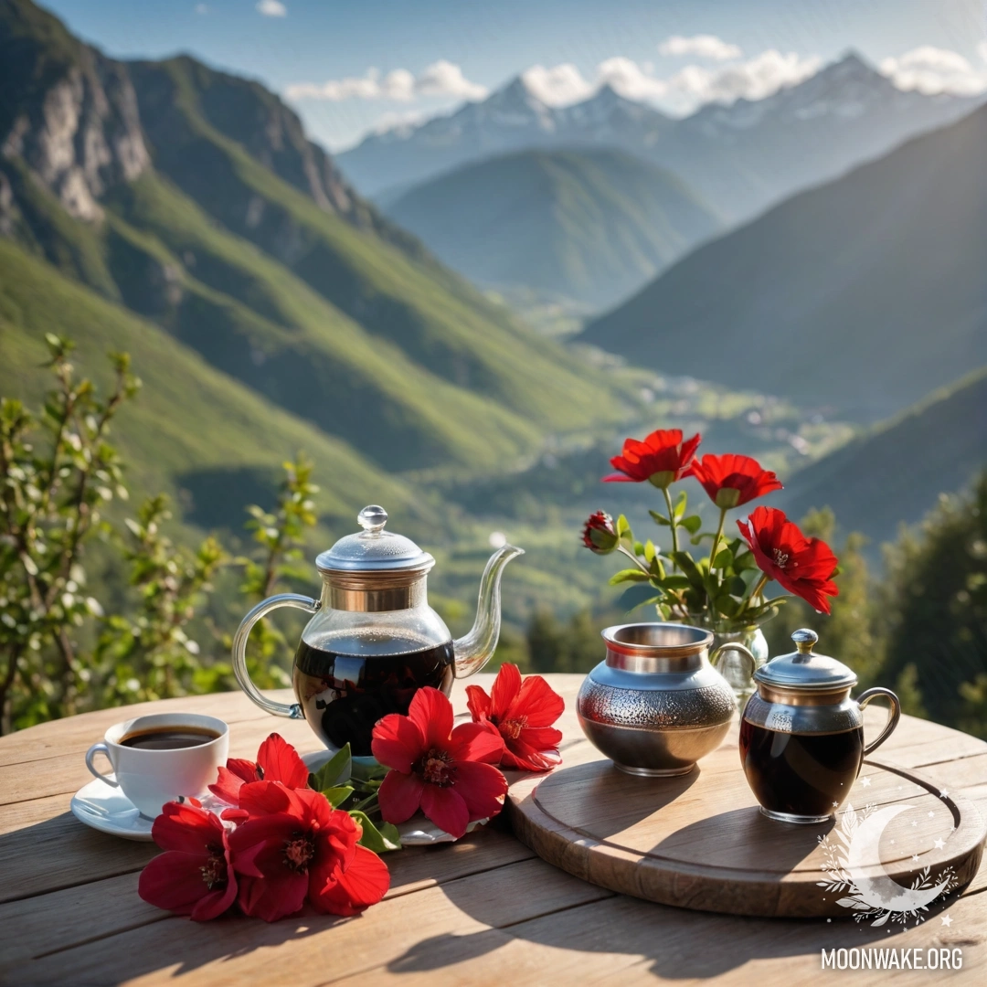 A photorealistic image of a wooden table set with red flowers, a coffee pot, and cups against a backdrop of mountains, bathed in sunlight.