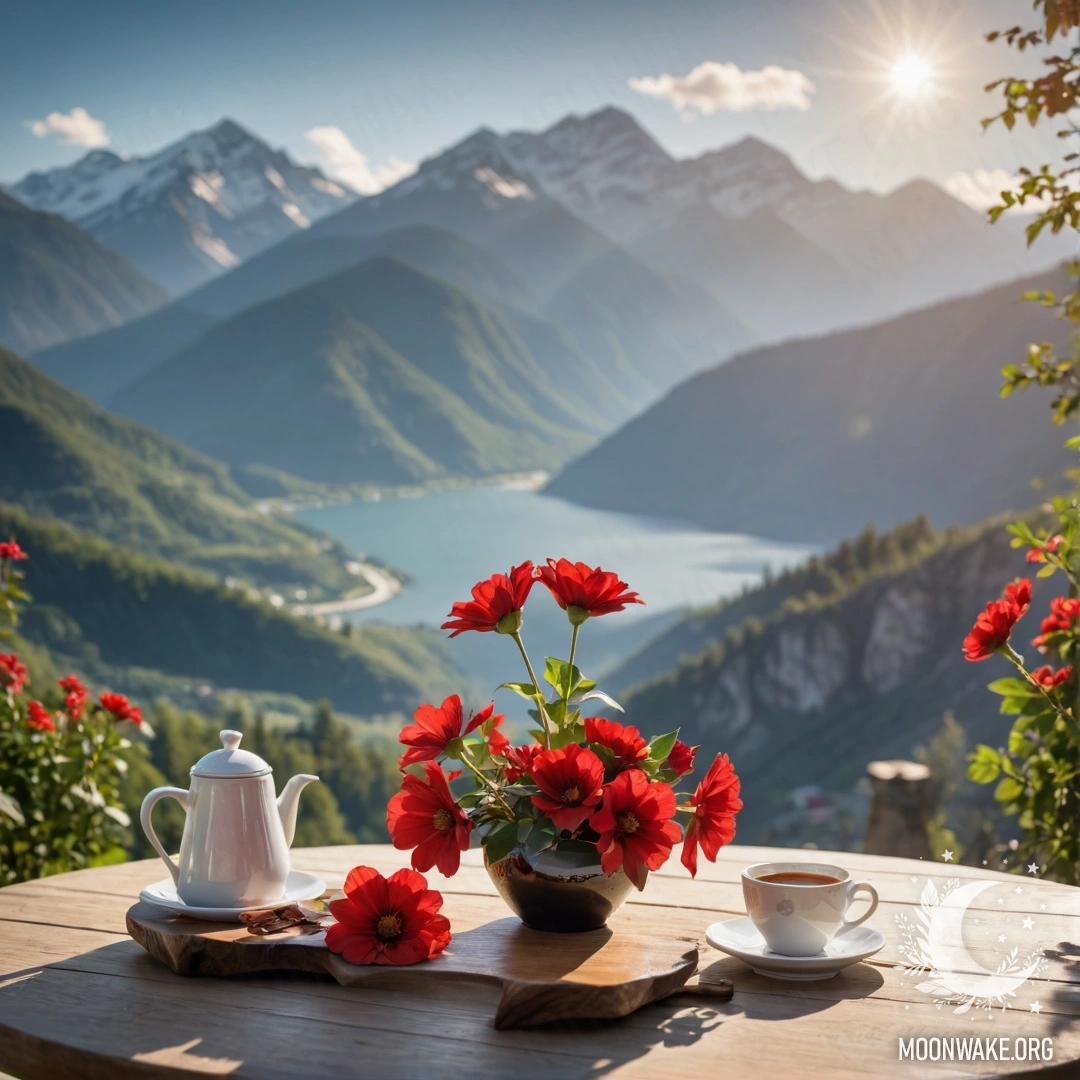 A picturesque wooden table with a jar of red flowers, a coffee pot, and cups, set against a mountain background illuminated by sun rays.