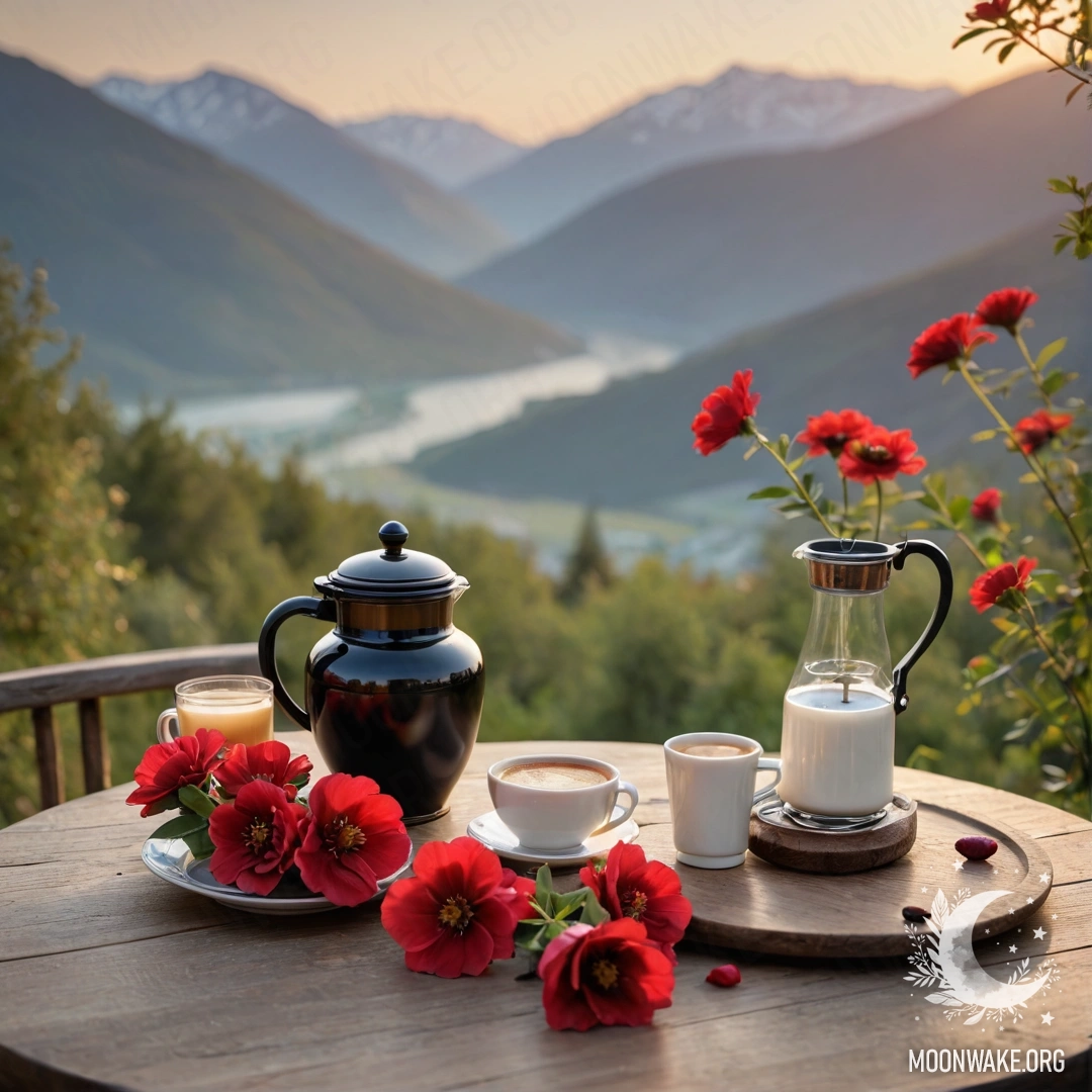 A romantic wooden table with a jar of red flowers, a coffee pot and cups set against a mountain background during sunset.