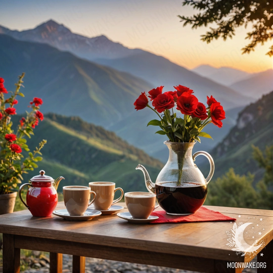 A romantic wooden table with a jar of red flowers, coffee pot, and cups against a mountain backdrop at sunset.