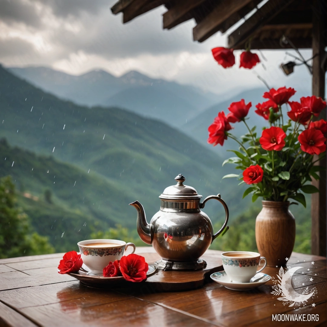 A romantic wooden table with red flowers, a coffee pot, and cups against mountains in the rain.