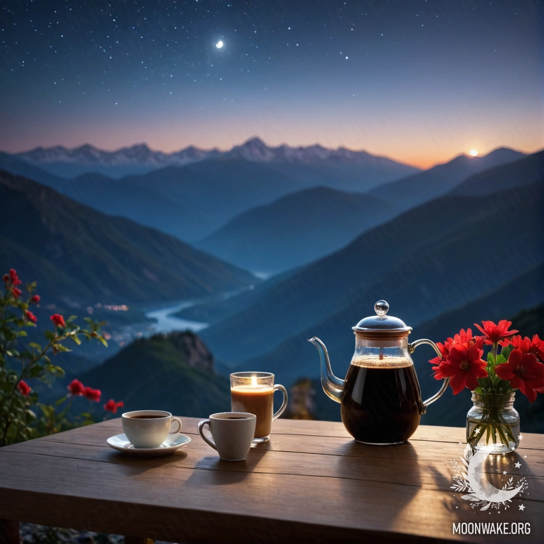 A romantic wooden table set against a mountainous backdrop, featuring a jar of red flowers, a coffee pot, and cups, illuminated by night.