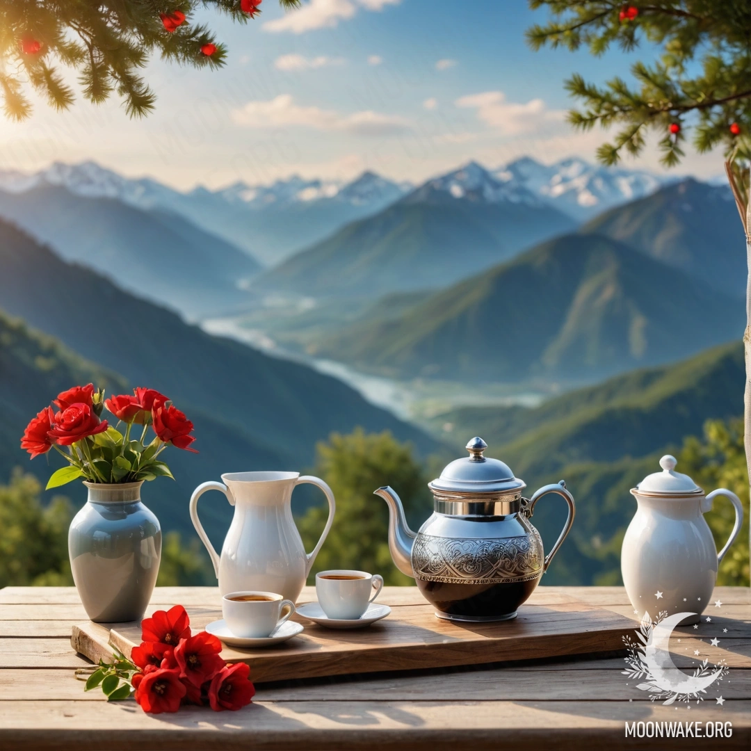 Romantic Table with Flowers and Mountain Background A romantic wooden table with a jar of red flowers, a coffee pot, and cups, set against mountains.