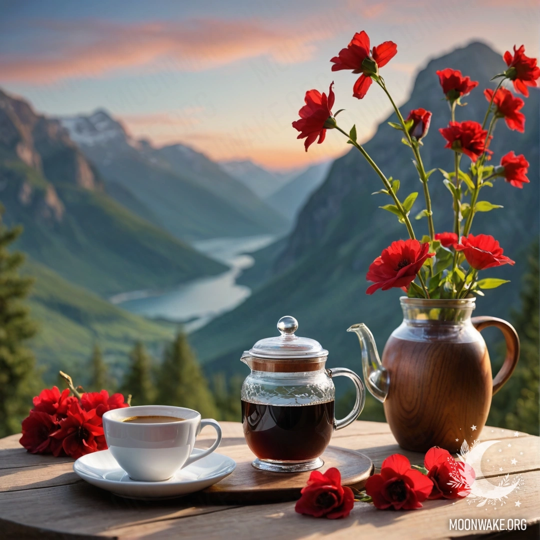 Romantic Table Setting at Sunset A wooden table set with a jar of red flowers, a coffee pot, and cups against mountain scenery during sunset.