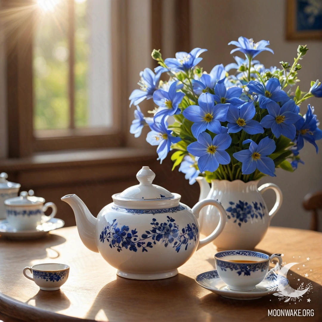 A round wooden table with a porcelain teapot filled with blue flowers, illuminated by sun rays.